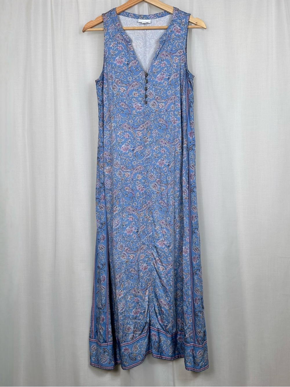J Jill Gentle Paisley Viscose Midi Maxi Tank‎ Dress Blue Border Print XS Pockets